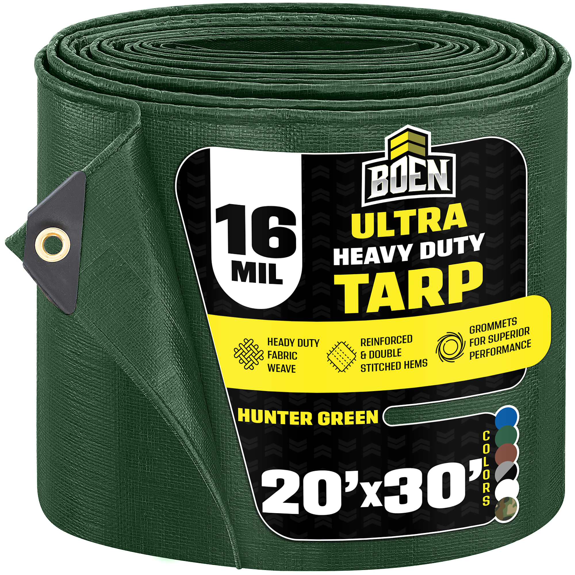 Boen 20 ft x 30 ft Hunter Green Tarp, 16 Mil Thick Waterproof Ultra Heavy Duty Cover, Rip Proof Tarps, Thick Weave Material, UV Resistant Great for Tarpaulin Canopy Tent, Boat, RV or Pool Cover
